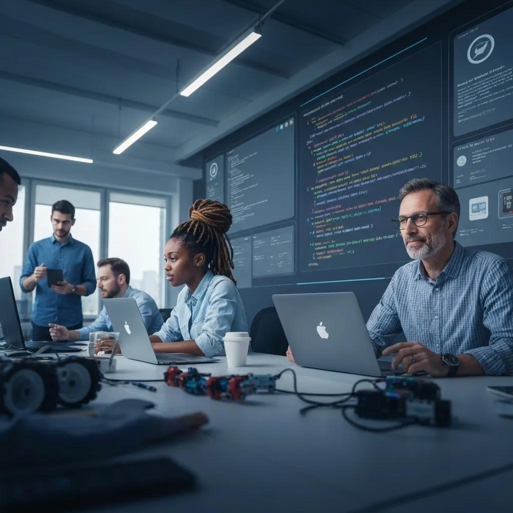 Engineers collaborating on robotics projects, symbolizing the impact of open-source AI in the robotics community