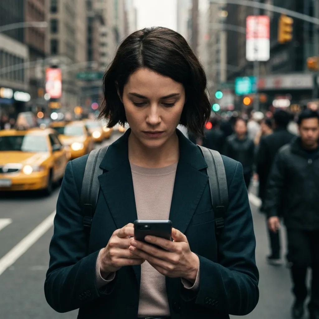 Woman using safety apps on her smartphone while exploring a city, highlighting solo travel safety