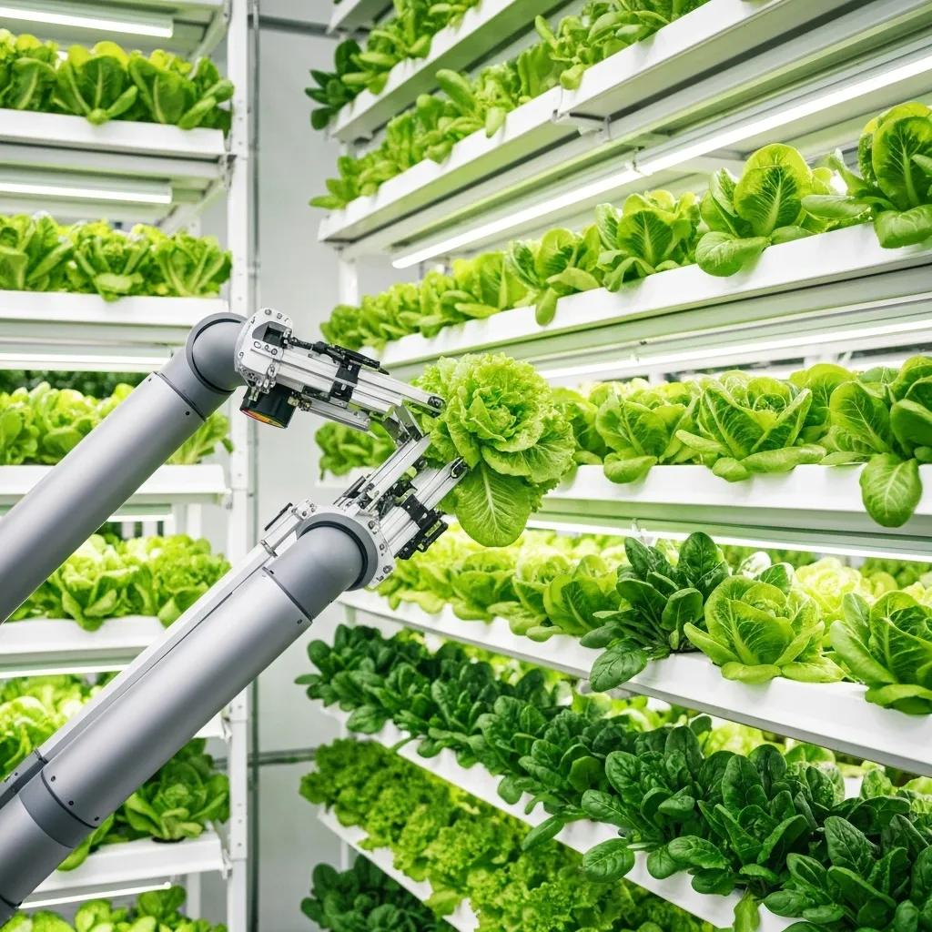Robotic harvester demonstrating adaptive gripping in a vertical farm environment