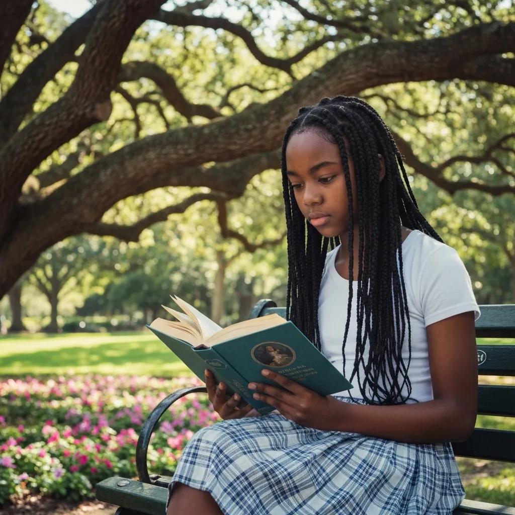 Young reader in a park enjoying a classic novel, symbolizing the revival of classic literature through BookTok