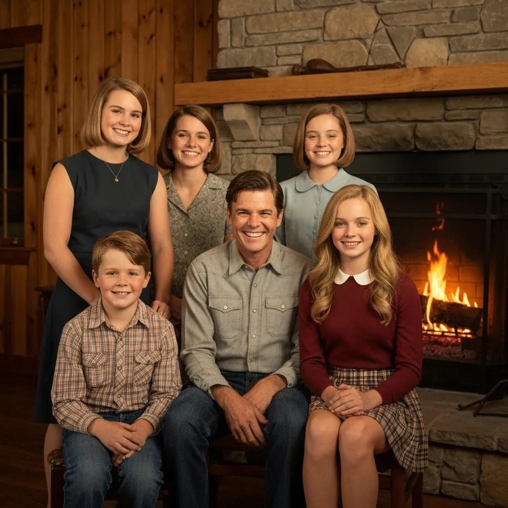 1960s Dutton family portrait showcasing younger John Dutton III and siblings in a rustic ranch setting