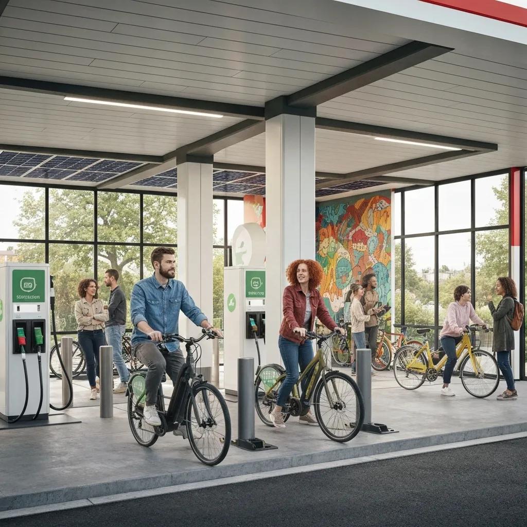 Futuristic gas station as a mobility hub with electric vehicle charging and sustainable features
