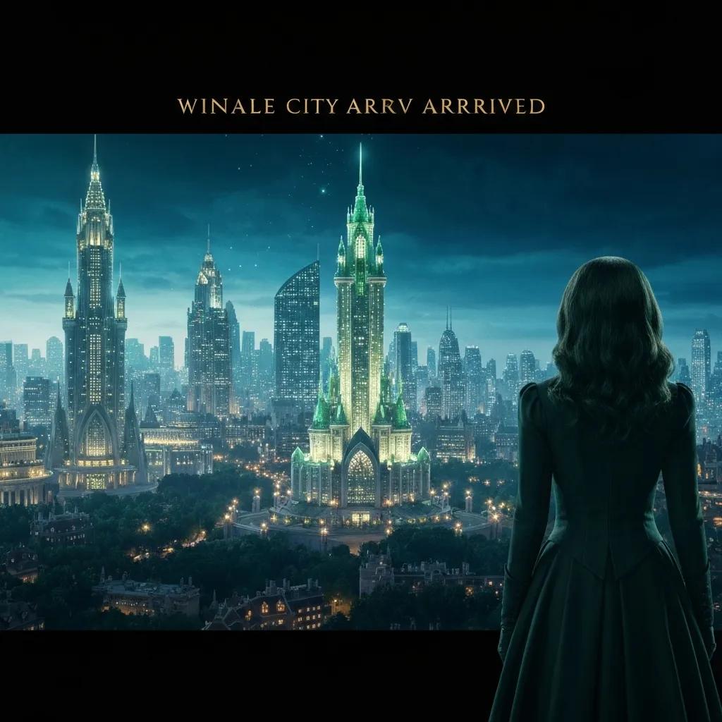 Wide shot of the Emerald City from the Wicked trailer, featuring Elphaba gazing at the skyline, capturing the magical atmosphere