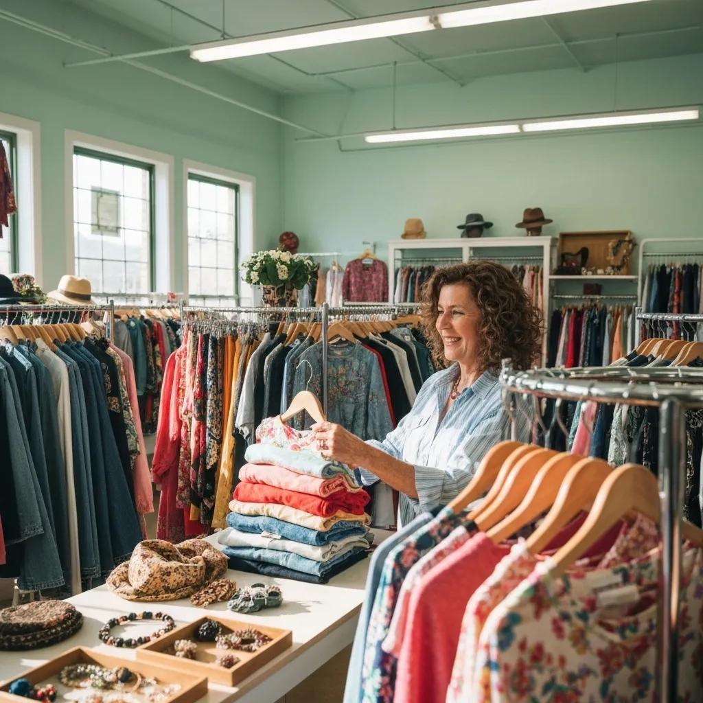 Shopper exploring a vibrant thrift store filled with unique second-hand clothing, supporting sustainable fashion