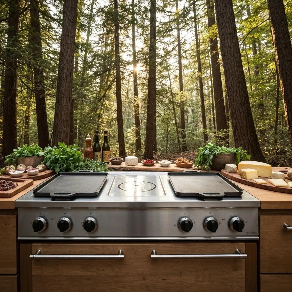 Elegant gourmet camp kitchen setup with high-end cooking equipment in a natural outdoor environment