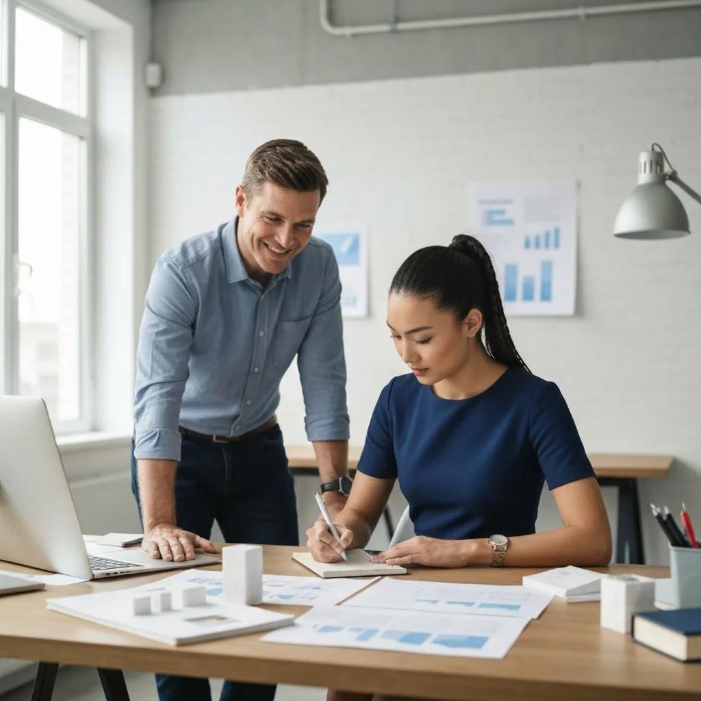 A mentor guiding a young entrepreneur in a startup setting, highlighting the importance of mentorship in angel investing