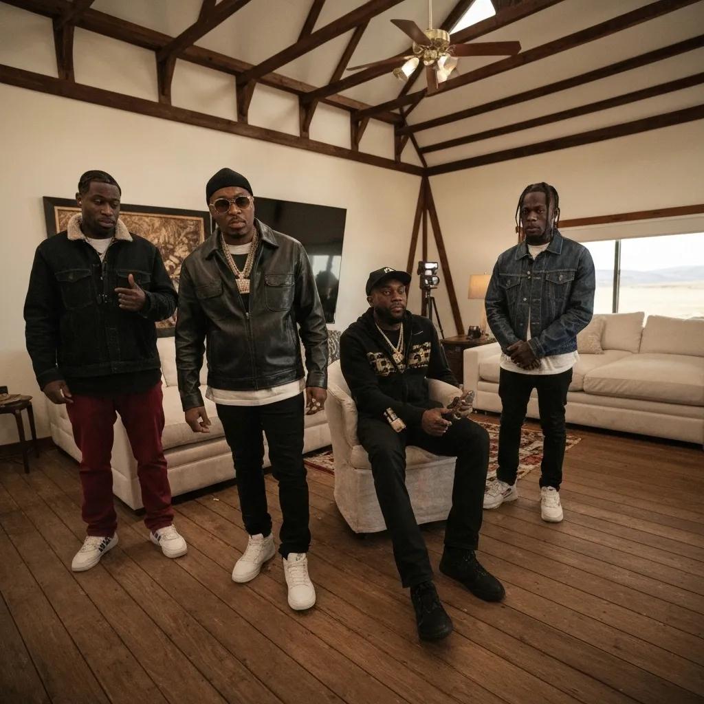 Guest artists Pusha T, Kid Cudi, and Travis Scott performing at the Donda 3 listening event in Wyoming