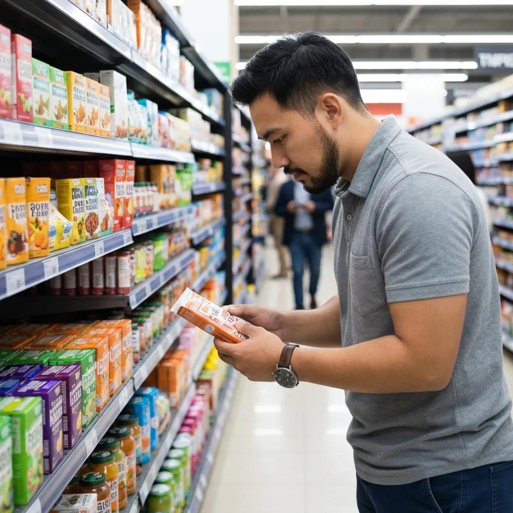A shopper examining labels on functional foods in a grocery store, emphasizing informed shopping choices