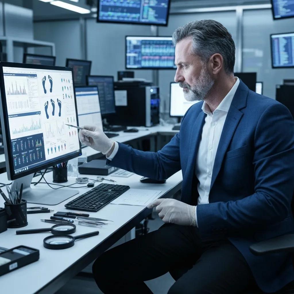Forensic investigator analyzing digital evidence on a computer screen in a high-tech lab, highlighting the role of digital forensics in cyberstalking