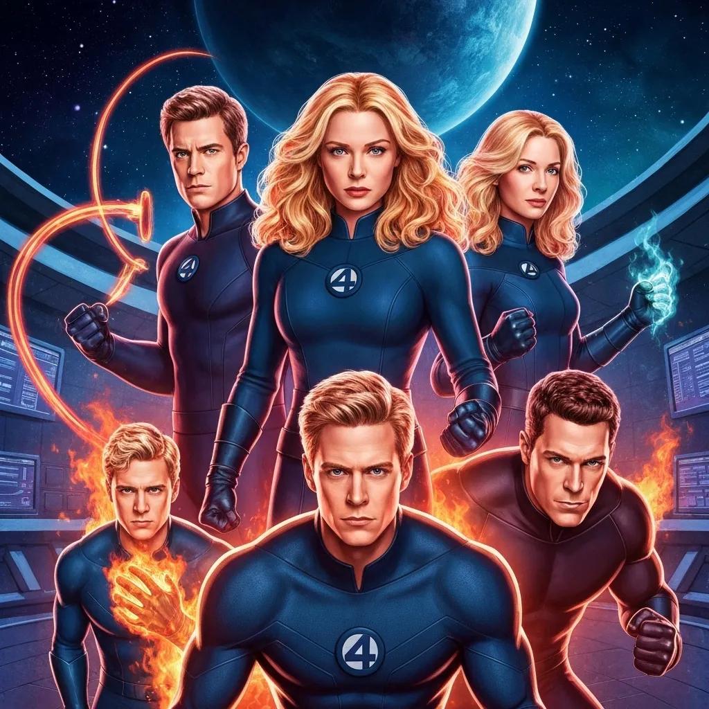 Artistic representation of the main characters from the Fantastic Four reboot showcasing their unique powers