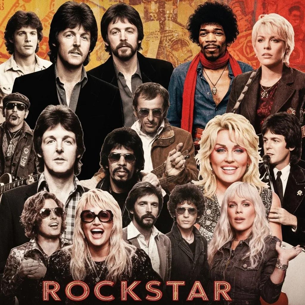 Collage of rock legends and contemporary stars collaborating with Dolly Parton on 'Rockstar'
