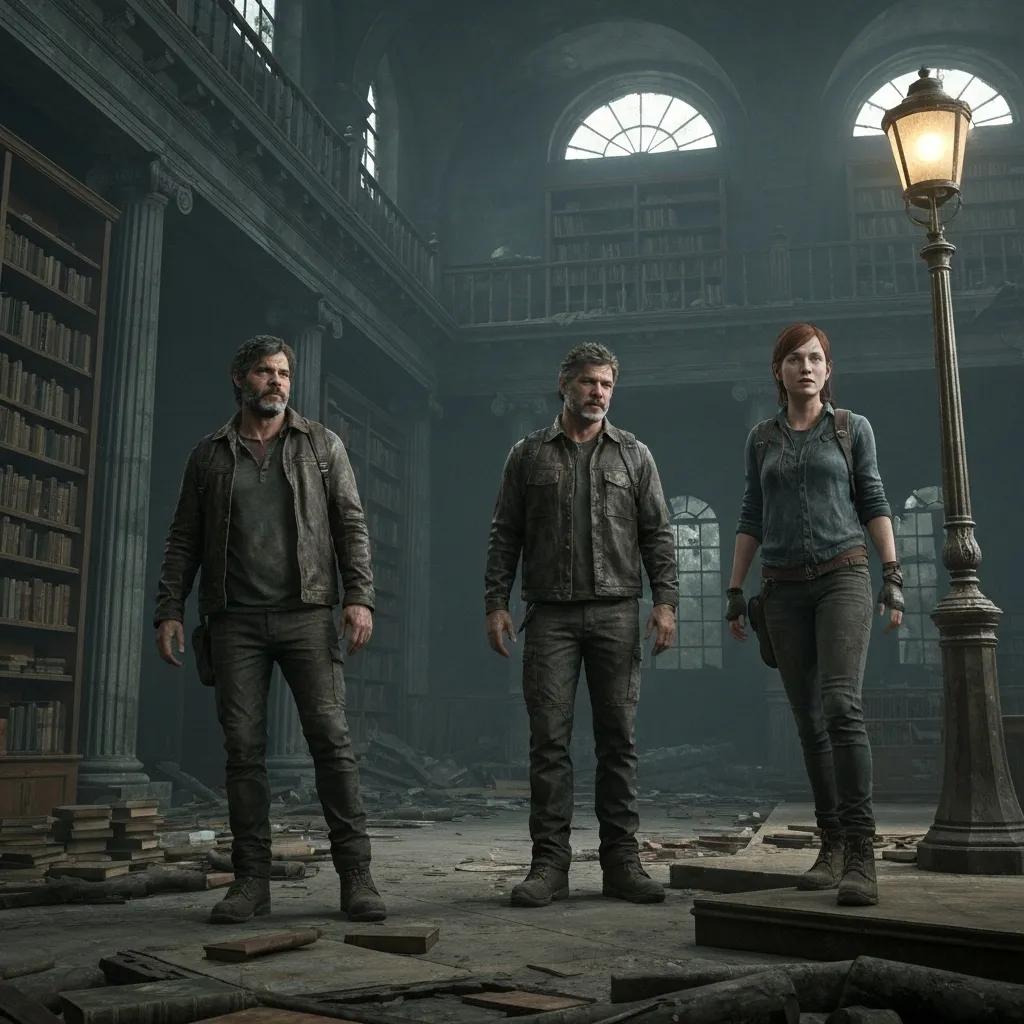 The cast of The Last of Us Season 2, including Jeremy Allen White, Pedro Pascal, and Bella Ramsey, in a gritty post-apocalyptic setting