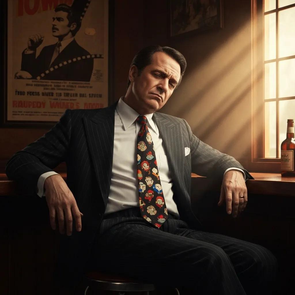 Cynical 1970s film critic in a smoky bar, surrounded by vintage film posters and a typewriter