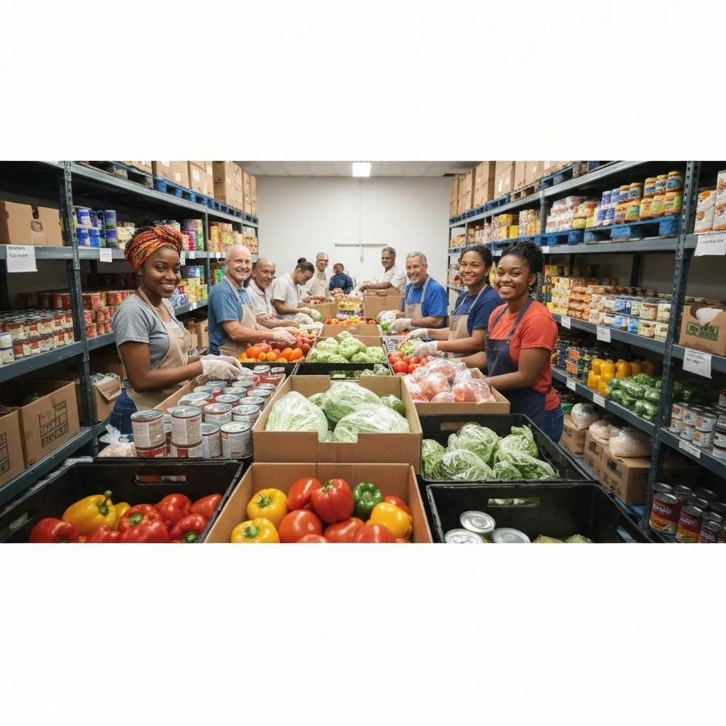 Volunteers at a food bank sorting and packing food items for distribution, illustrating the impact of donations