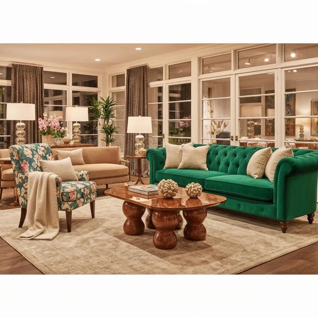 Maximalist furniture arrangement in a dopamine decor home showcasing vibrant pieces