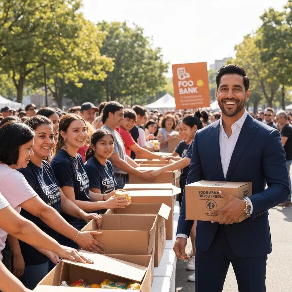 A celebrity promoting a food bank initiative at a public event, highlighting the influence of celebrity donations on community engagement