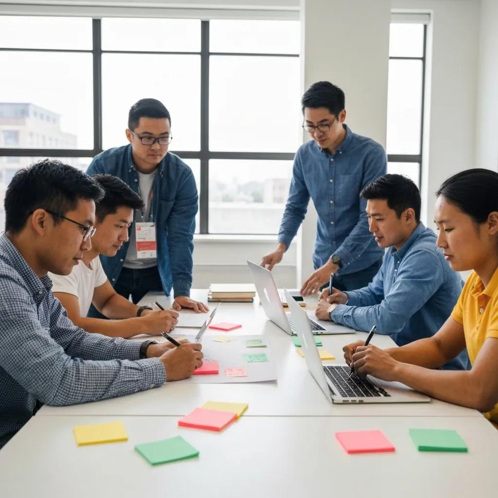 Startup team brainstorming in a modern office, reflecting innovation and collaboration