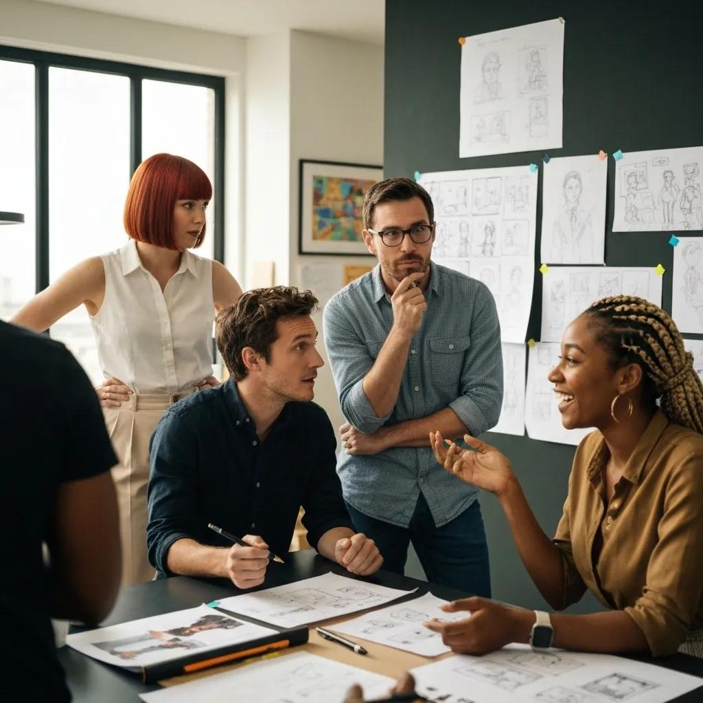 Creative team brainstorming for 'The Paper' surrounded by storyboards and scripts in a modern office