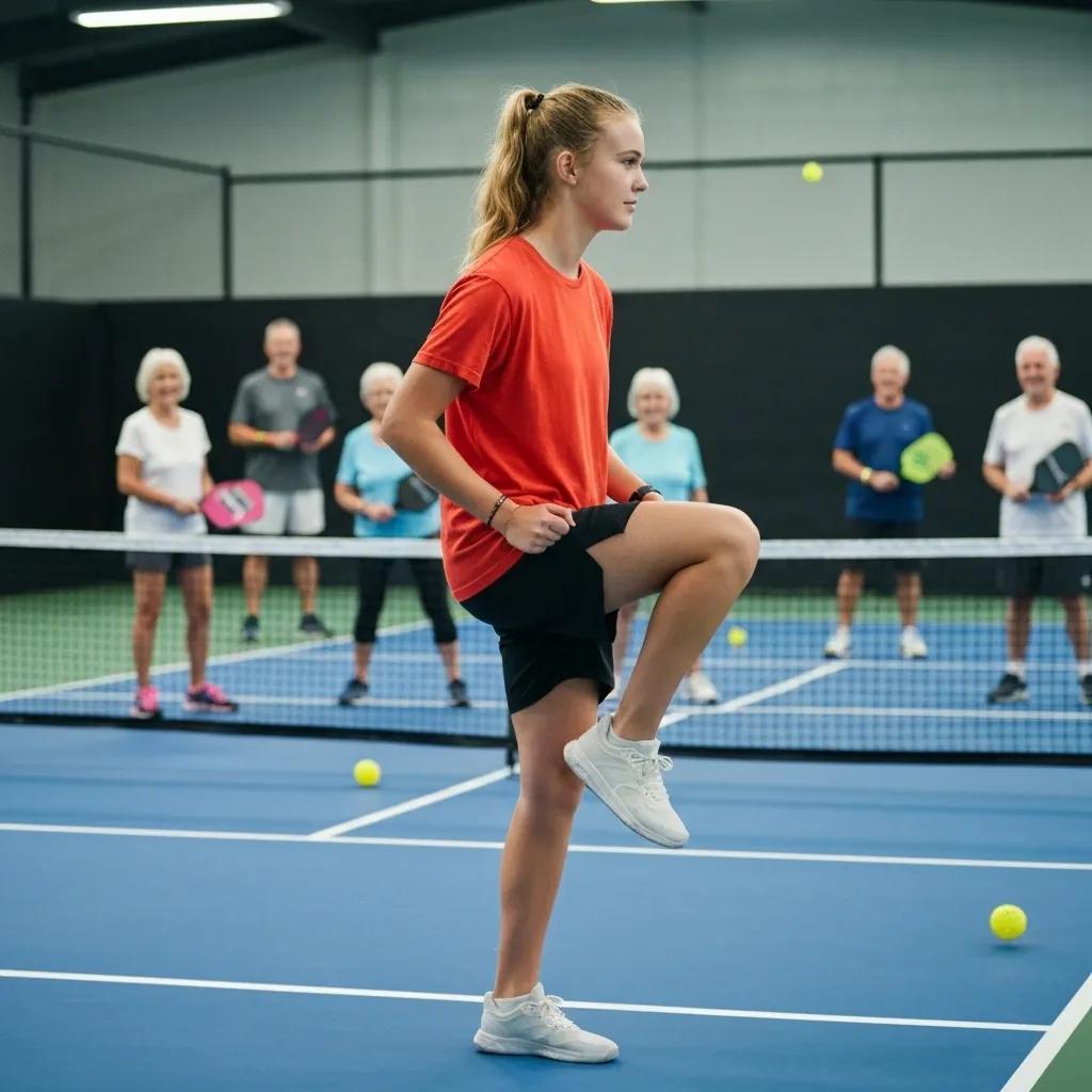 Seniors engaging in warm-up exercises to prevent injuries before playing pickleball