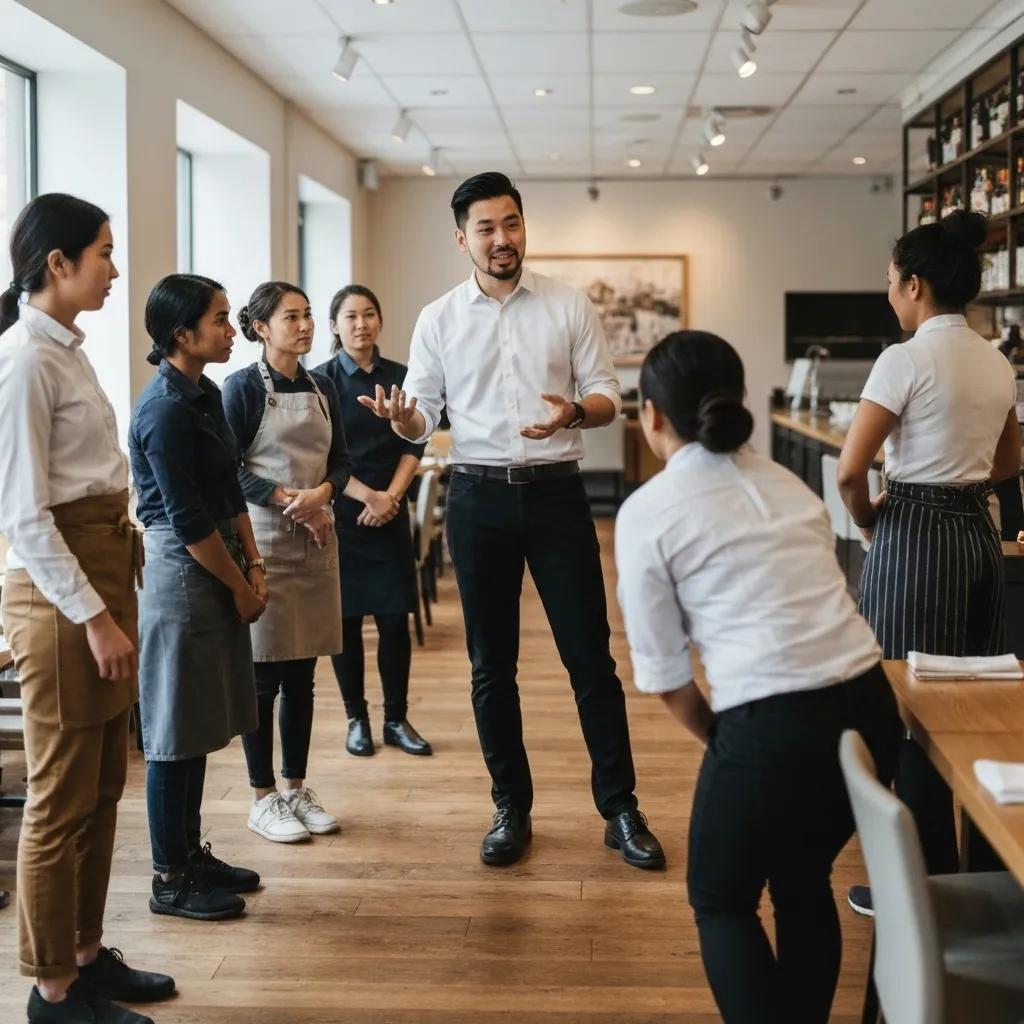 Restaurant manager training staff on ethical POS tipping practices in a professional setting