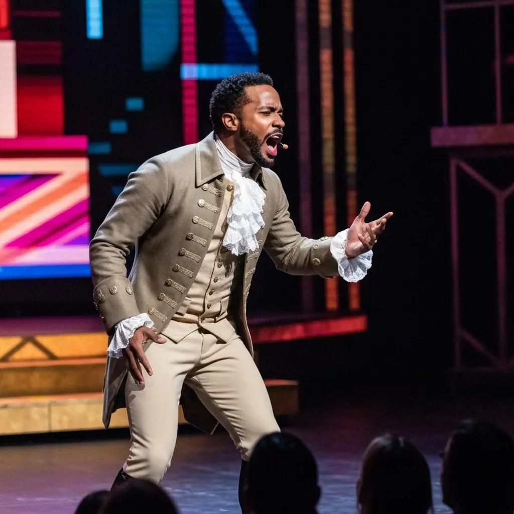 Leslie Odom Jr. performing as Aaron Burr in Hamilton, capturing the emotional depth and energy of the character