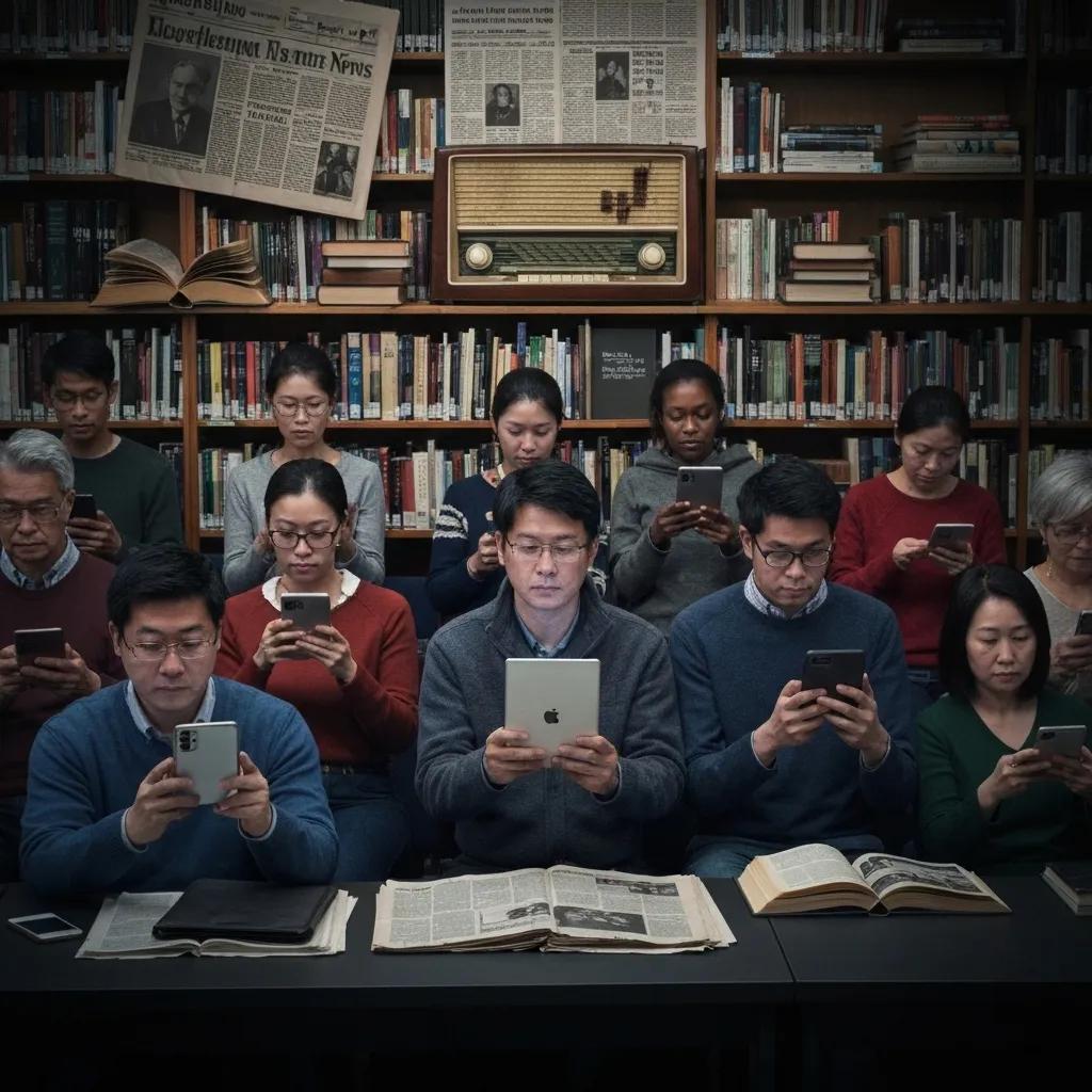 Audience engaging with news content, reflecting concerns about misinformation and public trust