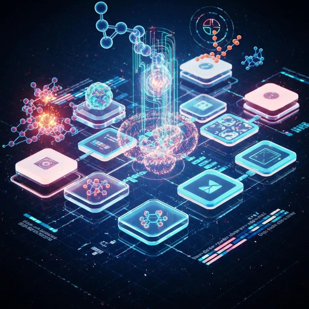 Digital representation of the GEMS platform illustrating molecular dynamics and AI integration