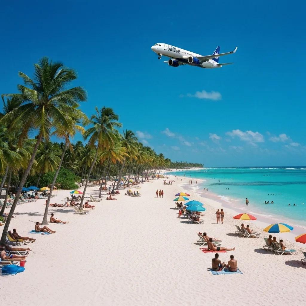 Caribbean beach with JetBlue airplane and beachgoers enjoying the sun