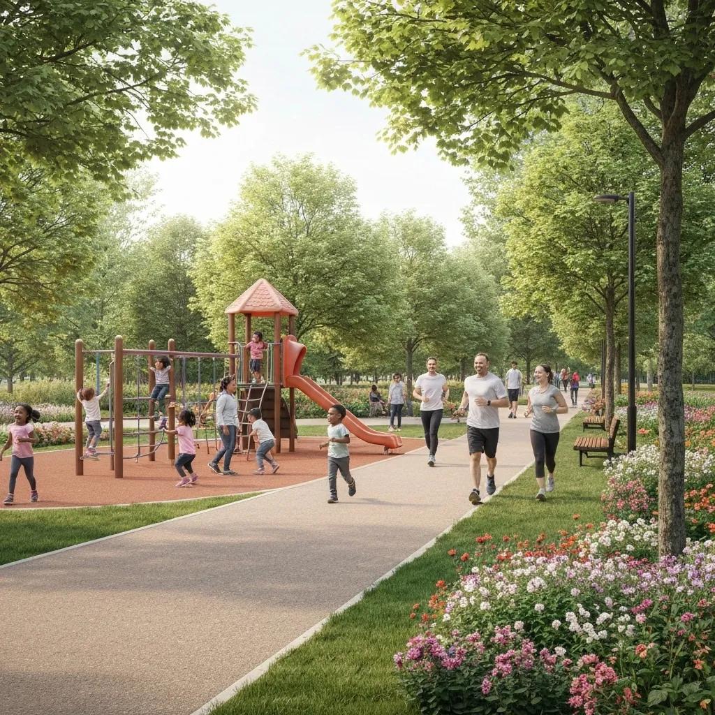 Community park scene illustrating the health benefits of a car-free lifestyle with active individuals and families
