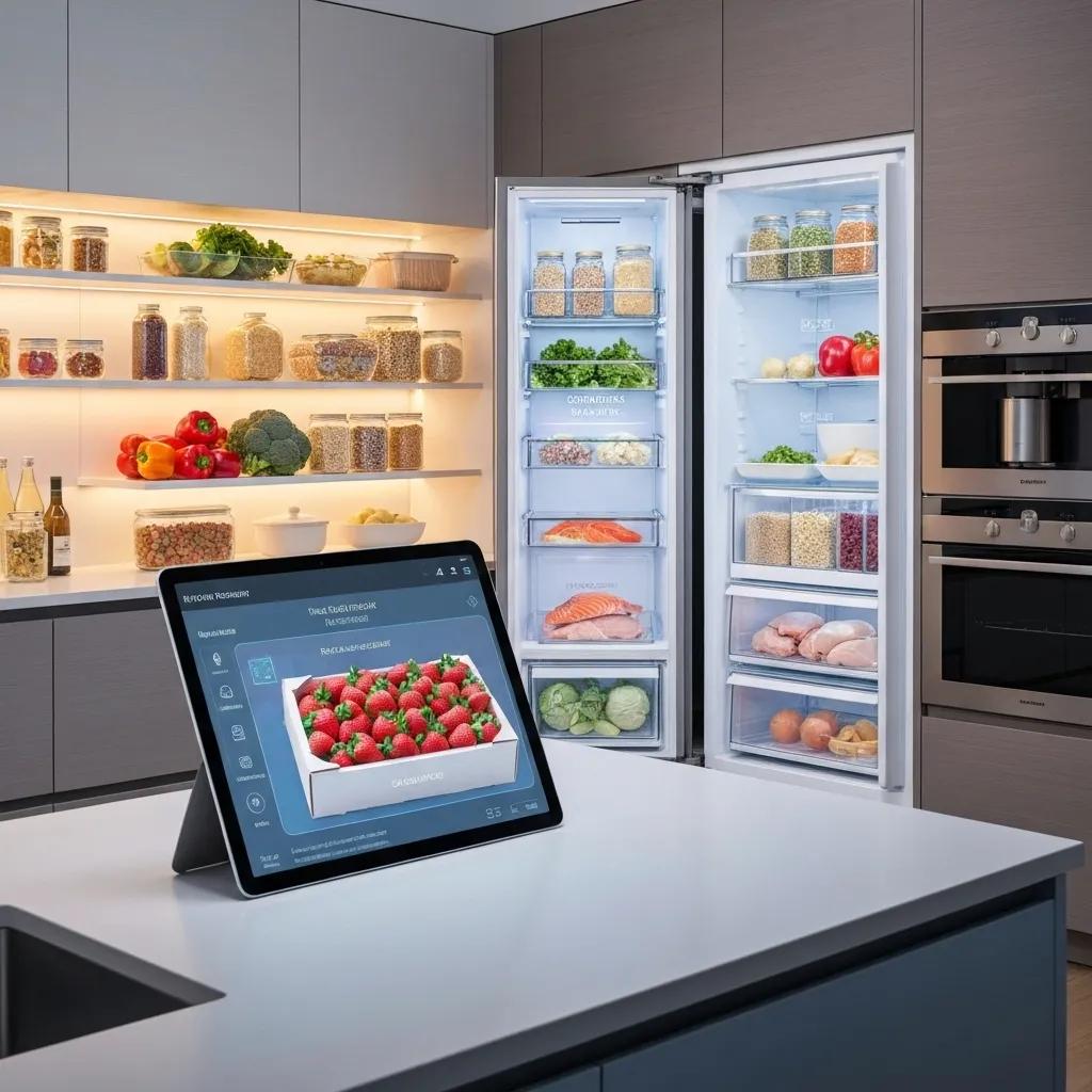 Smart kitchen with digital inventory management system, showcasing fresh food items and technology integration