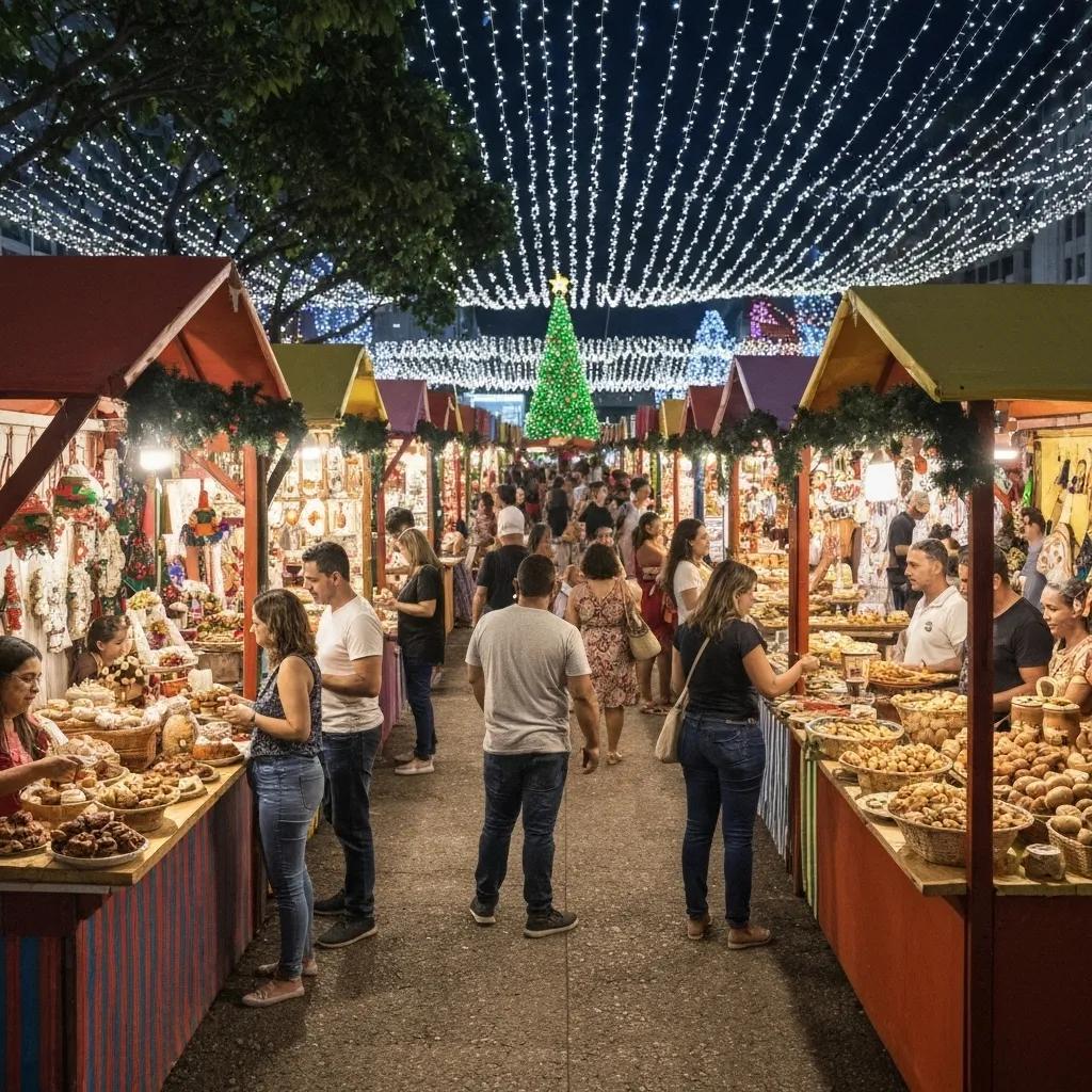 Christmas market in Rio de Janeiro with festive stalls and decorations