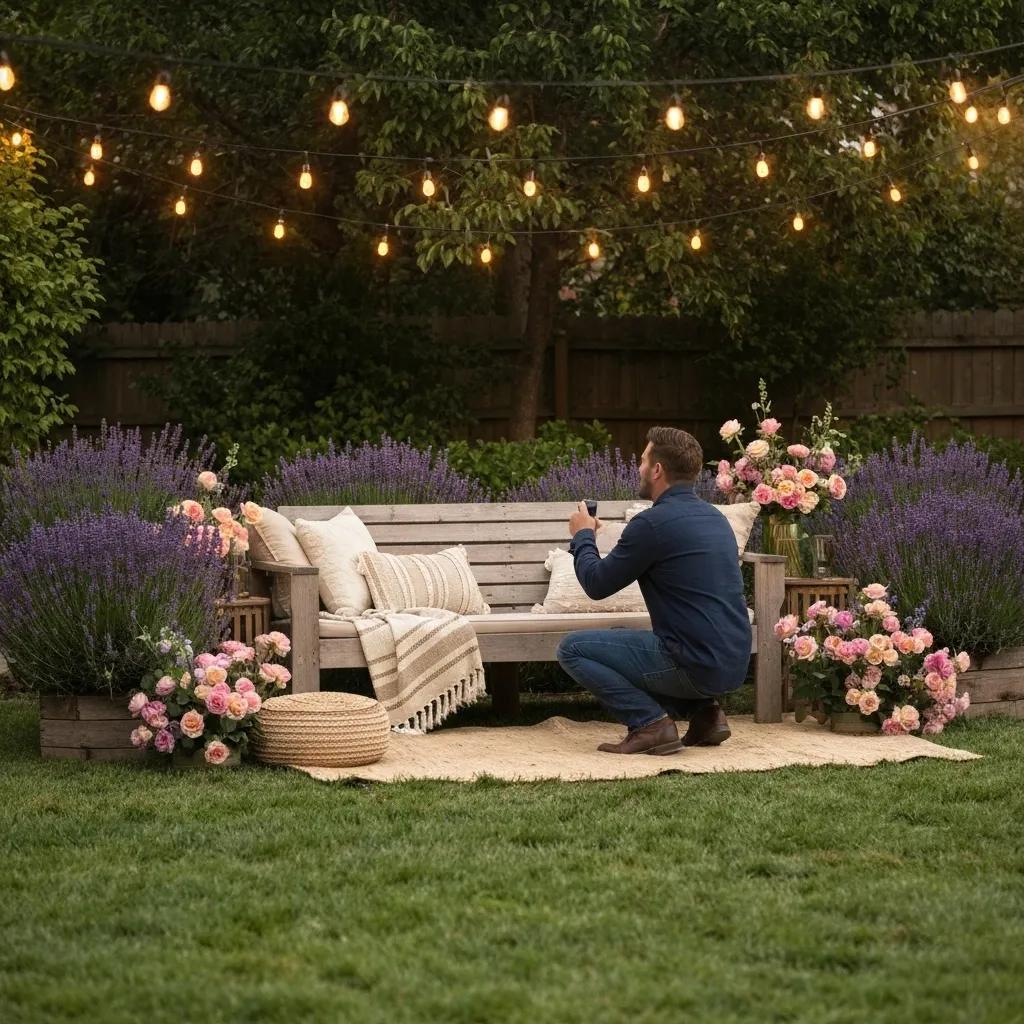 Intimate backyard garden setting with fairy lights and flowers where Travis Kelce proposed to Taylor Swift