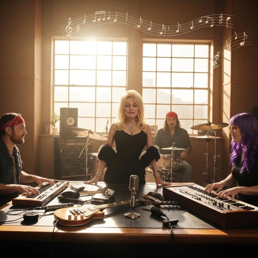 Dolly Parton in a recording studio collaborating with artists for her 'Rockstar' album