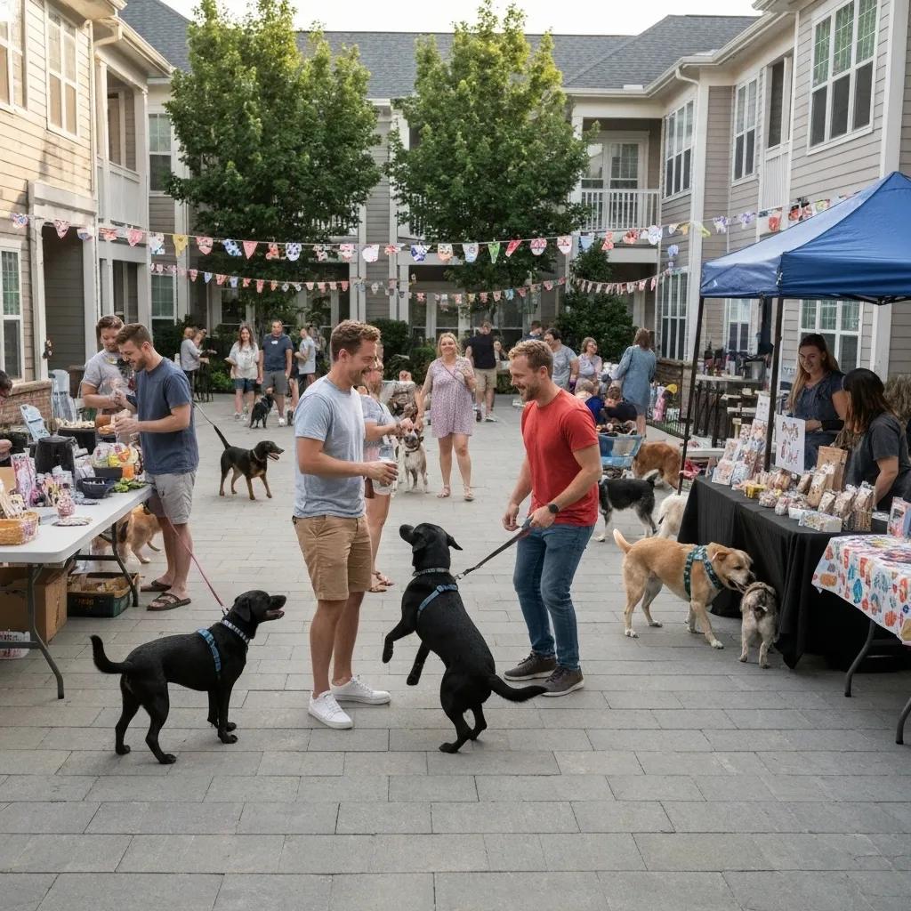 Community event in a pet-friendly apartment with residents and pets
