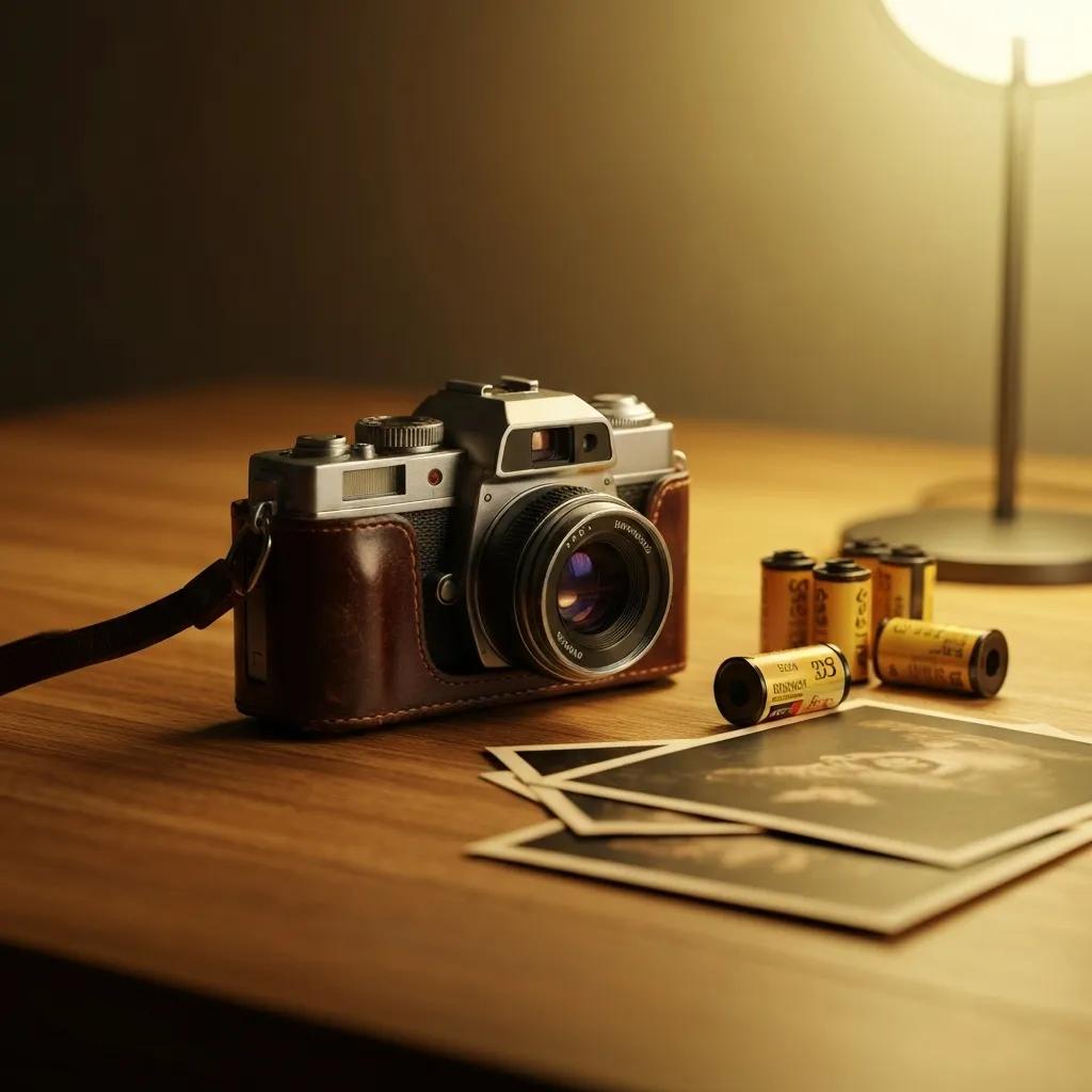 Vintage digital camera surrounded by film rolls and printed photos, showcasing the creative photography process