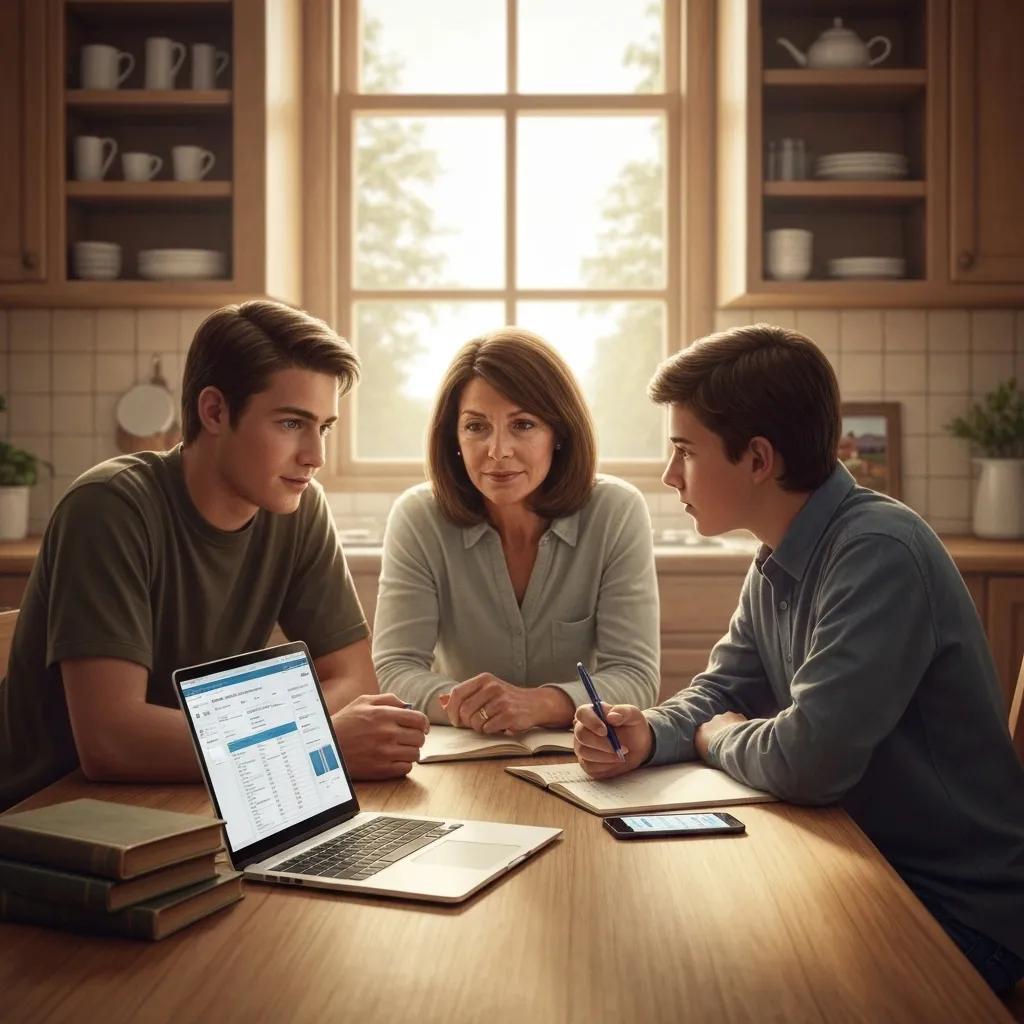 Rural family discussing financial options at home with digital devices