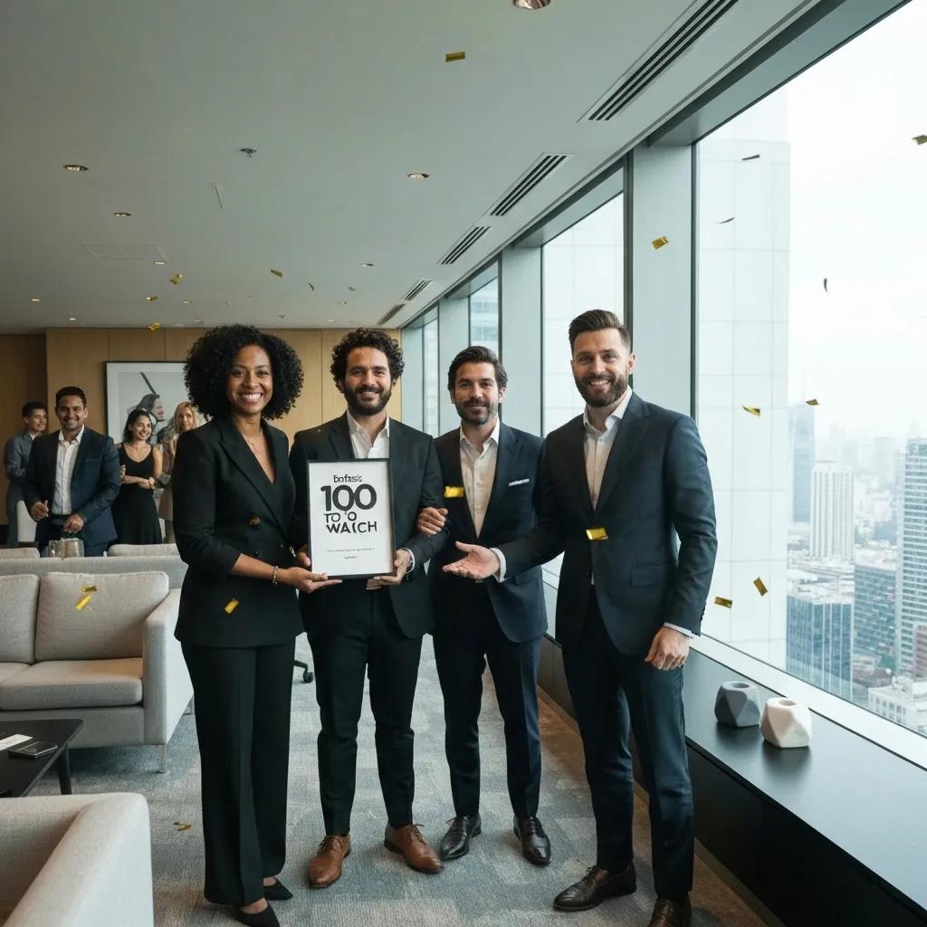 Entrepreneurs celebrating their recognition in Forbes Asia '100 to Watch' list in a modern office