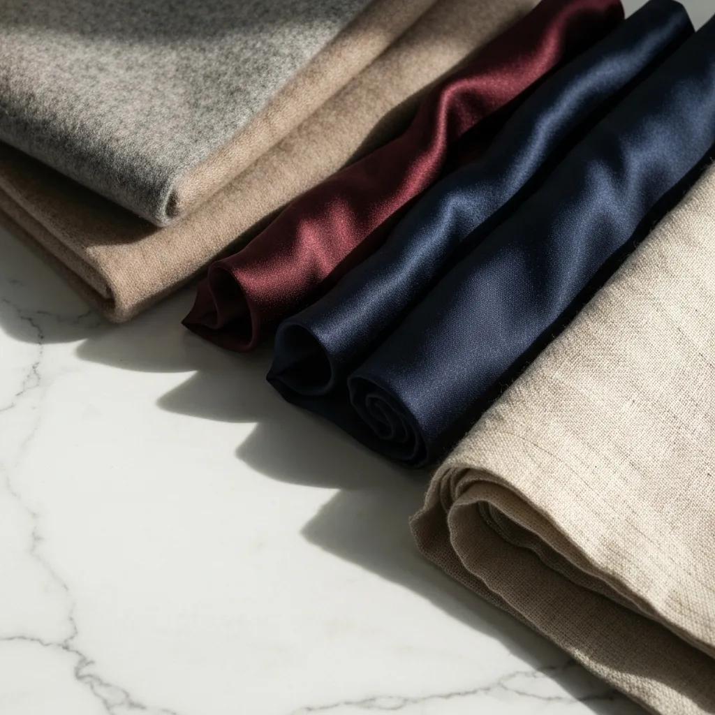 Artistic display of premium fabrics like cashmere and silk representing quiet luxury menswear