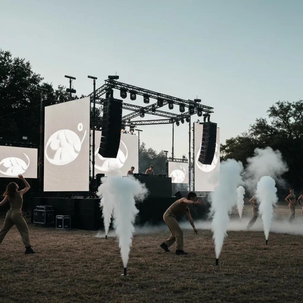 The minimalist stage setup at the Donda 3 listening event in Wyoming, featuring LED screens and dancers in earthy tones