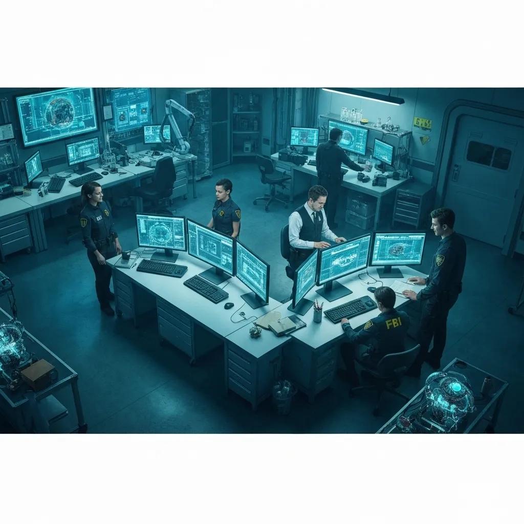 FBI agents analyzing evidence in a modern investigation room, highlighting teamwork and advanced techniques in art crime investigations