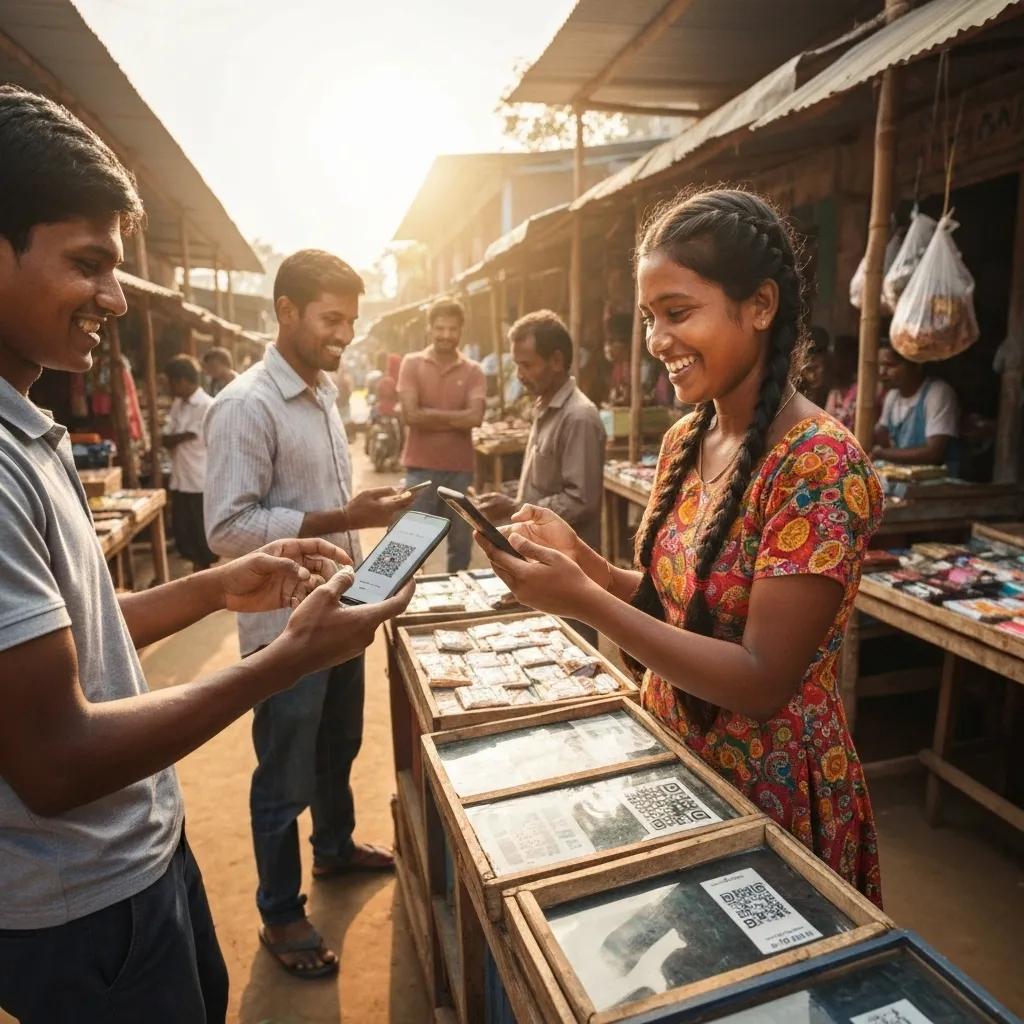 Small business owner using a mobile payment app in a rural market