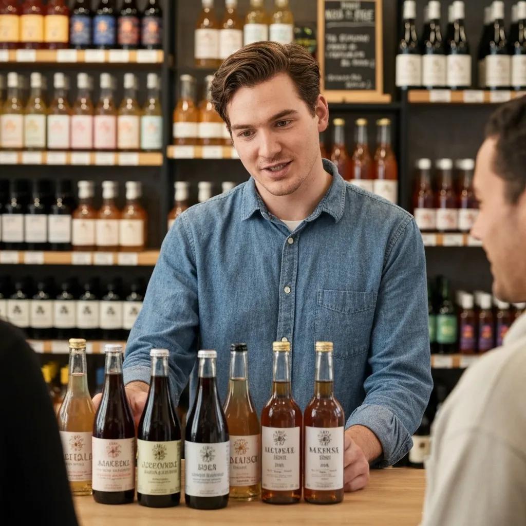 Staff member assisting a customer in a non-alcoholic bottle shop, showcasing curated beverage selections