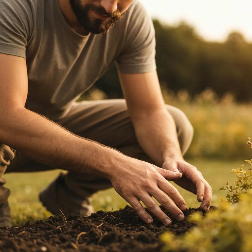 Gardener practicing mindfulness by focusing on soil and plants, highlighting the calming effects of gardening