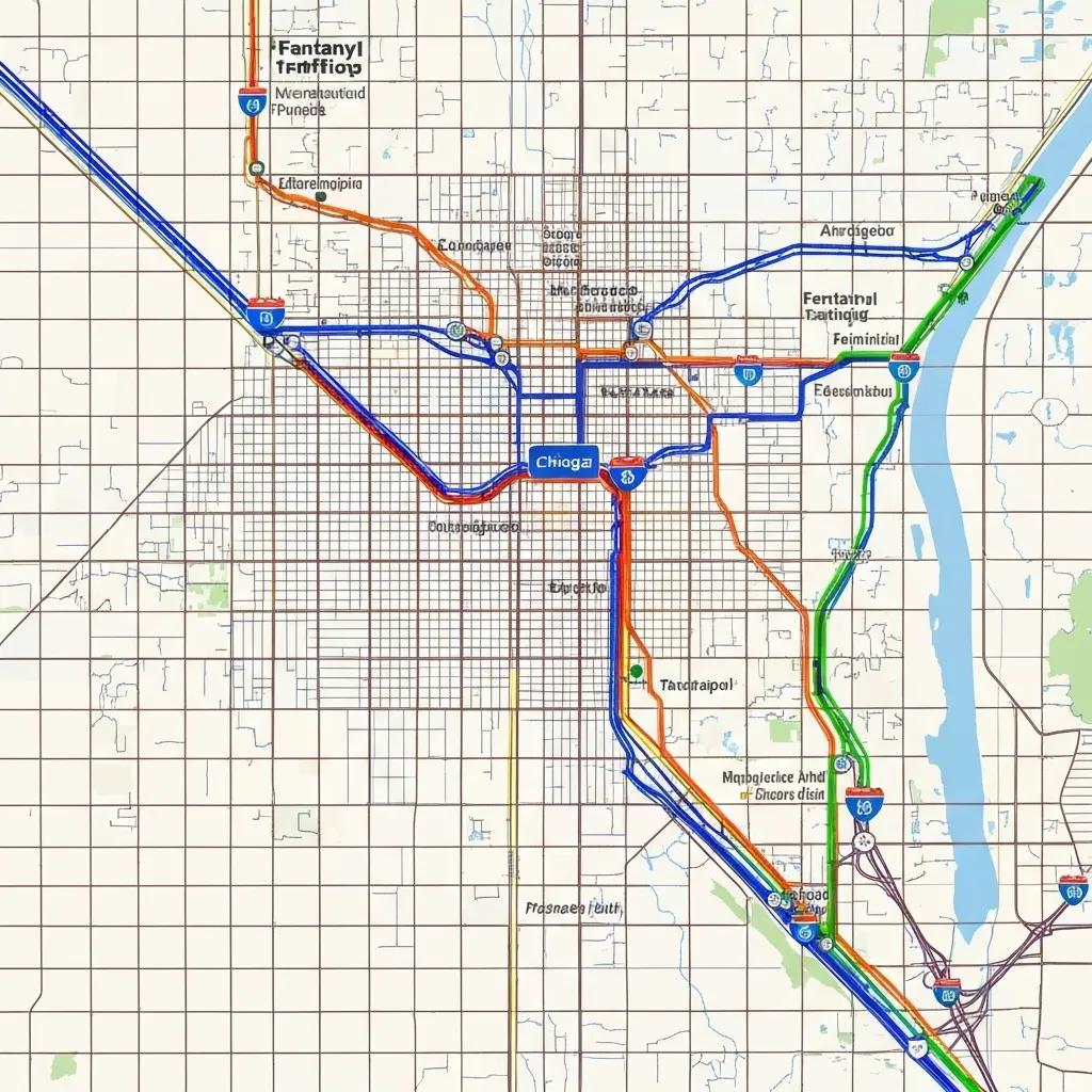 Illustrative map of fentanyl trafficking routes into Chicago highlighting key corridors