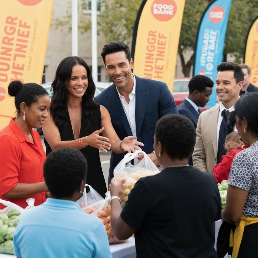 Celebrities engaging with community members at a charity event, highlighting the influence of celebrity donations on hunger relief efforts