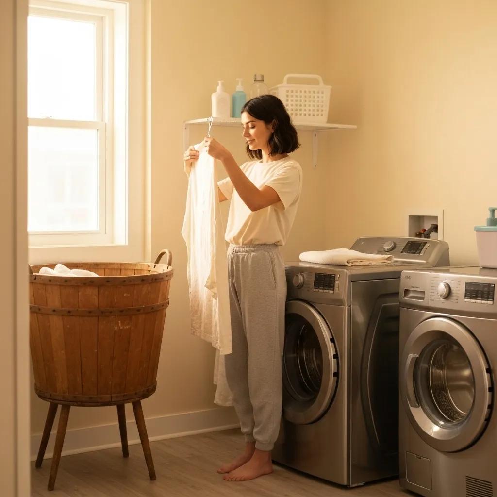 Person practicing sustainable garment care in a cozy laundry room, emphasizing eco-friendly practices