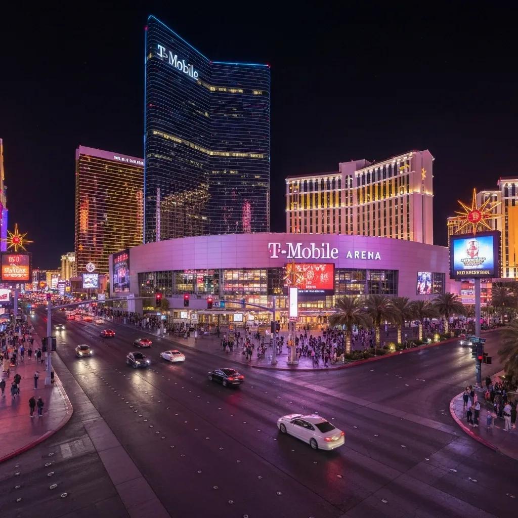 T-Mobile Arena illuminated at night on the Las Vegas Strip, highlighting its significance as a concert venue