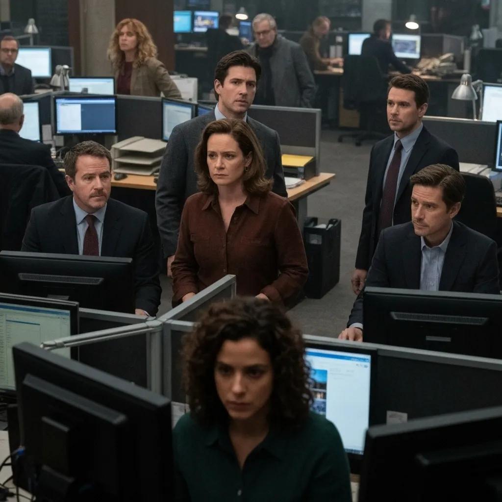 Main cast of 'The Paper' interacting in a lively newsroom setting with props like notepads and coffee cups