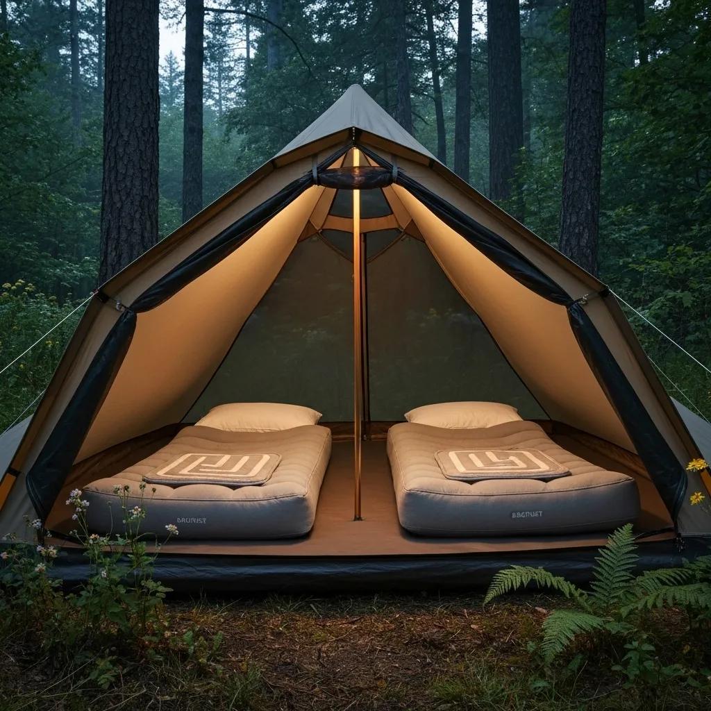 Cozy outdoor sleeping setup with ergonomic sleeping pads and heated blankets in a luxury tent