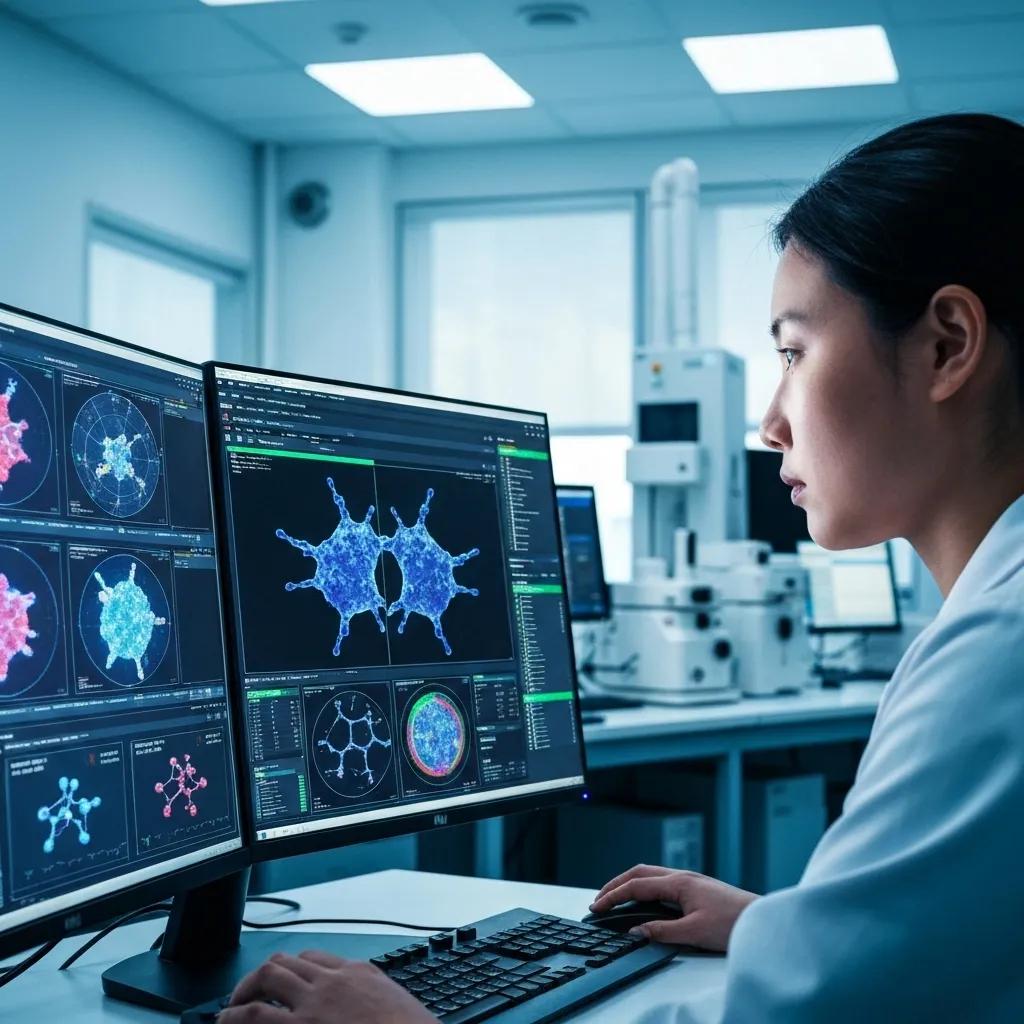 Researcher analyzing drug candidates using generative and predictive AI technology